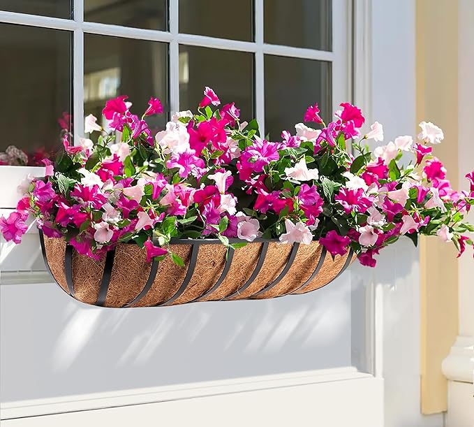 Y&M 30" Iron Window Deck Railing Planter Box 4Pcs with Coco Liner, Metal Horse Troughs Fence Planter for Outdoor Balcony Rail Fence Porch Patio