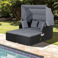 ORALNER Outdoor Daybed, 2-Person Wicker Patio Sofa with Retractable Canopy, Cushions & Pillows, 2 Side Trays, PE Rattan Double Sunbed Lounger for Deck Poolside Backyard Garden Balcony (Gray)