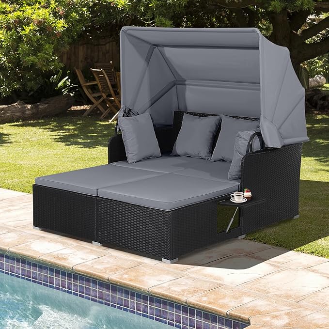 ORALNER Outdoor Daybed, 2-Person Wicker Patio Sofa with Retractable Canopy, Cushions & Pillows, 2 Side Trays, PE Rattan Double Sunbed Lounger for Deck Poolside Backyard Garden Balcony (Gray)