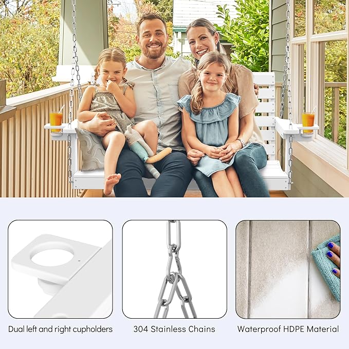 Plawdlik Porch Swings,2 Seat Patio Chair with Two Cup Holders,HDPE Waterproof Bench for Courtyard-White