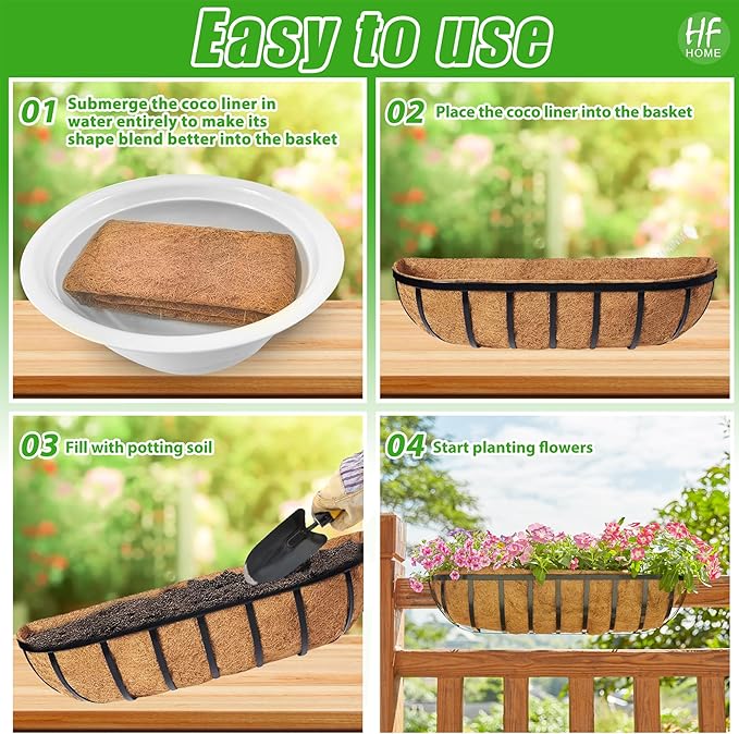 HFHOME 30" Window Box Deck Railing Planter with Horse Trough Coco Liners, Black Metal Hanging Flower Planters Baskets for Indoor, Outdoor, Balcony, Porch, Fence, Patio, and Lawn (Set of 4)