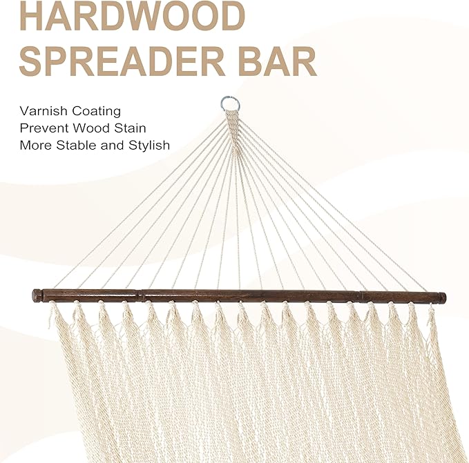 Lazy Daze Hammocks 10.5 FT Double 2 Person Caribbean Rope Hammock, Hand Woven Polyester Hammock with Spreader Bars, for Outside Outdoor Backyard Patio Poolside, 450 LBS Capacity, Cream