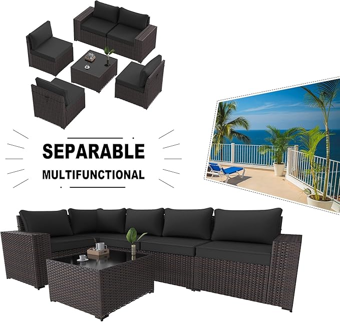 Kullavik Outdoor Patio Furniture Set 6 Pieces Sectional Rattan Sofa Set Brown PE Rattan Wicker Patio Conversation Set with 5 Seat Cushions and 1 Tempered Glass Table,Black