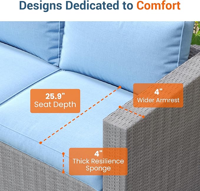 Wisteria Lane Patio Furniture Set for All Wheather, 7 Pieces Wicker Outdoor Furniture Set with Washable Cushions & Fire Pit Table, Oversized Outdoor Sectional for Garden, Poolside, Backyard, Blue