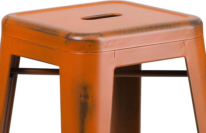 Flash Furniture Kai Commercial Grade 4 Pack 30" High Backless Distressed Orange Metal Indoor-Outdoor Barstool