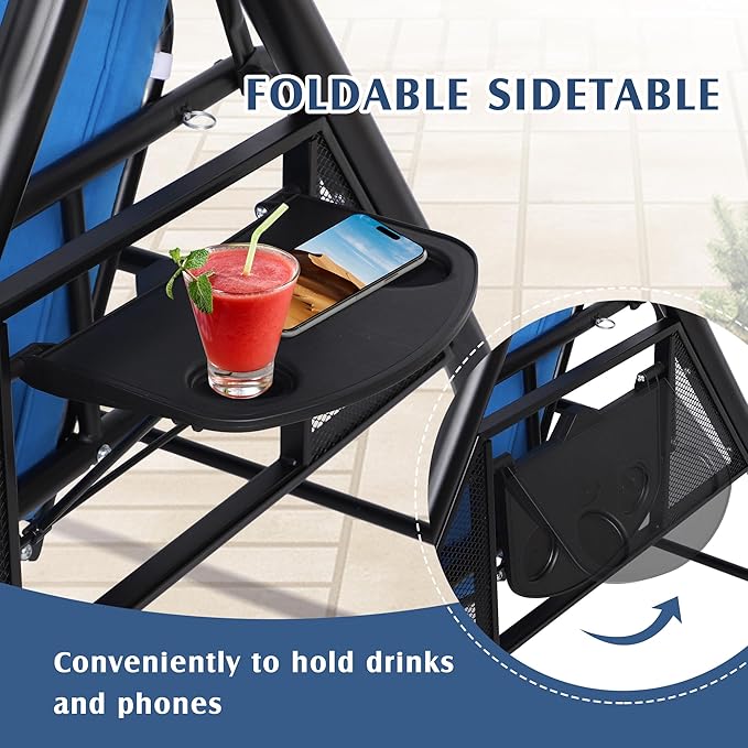Grepatio 3-Seat Outdoor Porch Swing with Adjustable Canopy, 3 Person Convertible Porch Swing Bed with Stand, Heavy Duty Patio Swing with Cup Holder and Pillows, Cushion for Garden, Poolside (Blue)