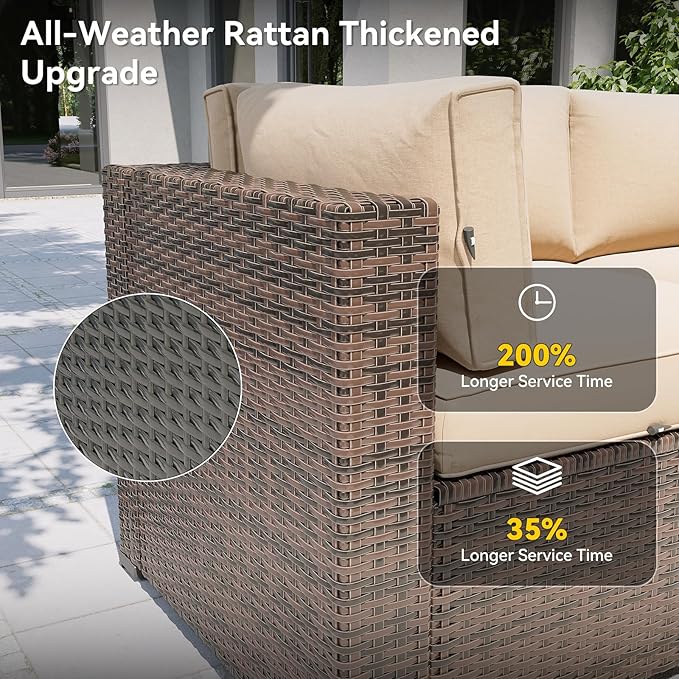 Aoxun Patio Furniture Set, 7 Piece Outdoor Sectional Sofas with Waterproof Cover, Wicker Rattan Outdoor Furniture Patio Conversation Set for Backyard, Garden (Brown Rattan Begin Cushions)