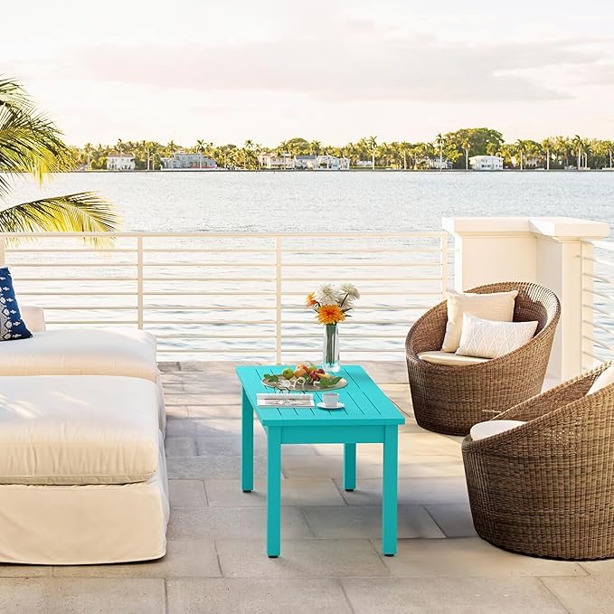 LUE BONA Outdoor Coffee Table Rectangle, 42.5" HDPS Patio Coffee Tables for Outside, All Weather Patio Coffee Table with Slatted Tabletop for Deck, Garden, Balcony, Indoor or Outdoor Use, Aruba Blue