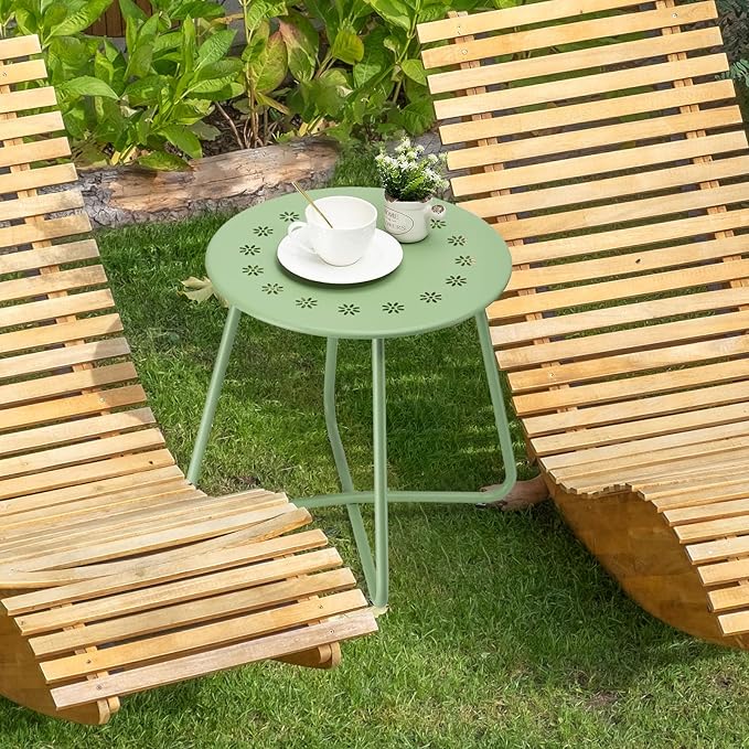 danpinera Outdoor Side Tables with Flower Cut Outs, Weather Resistant Steel Patio Side Table, Small Round Outdoor End Table Metal Side Table for Patio Yard Balcony Garden Green