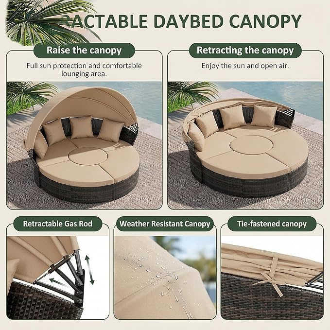Outdoor Patio Daybed with Retractable Canopy, Wicker Rattan Sectional Round Sofa Furniture Set, 5 Pieces Seating Separates Cushioned Seats for Lawn Garden Backyard Porch Pool, Brown