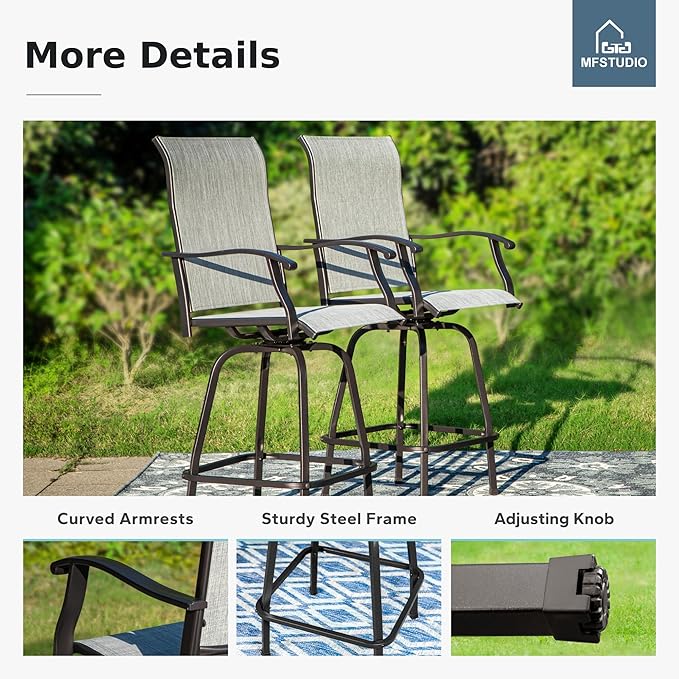 MFSTUDIO Outdoor Bar Stools Set of 4, Swivel Bar Height Patio Chairs Outdoor Barstools High Top Patio Swivel Bar Chairs, Breathable Textilene, Light Grey
