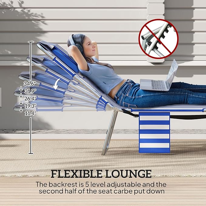 Outsunny Chaise Lounge Chair Outdoor Set of 2 with Face Arm Hole, 5-Position Reclining Face Down Tanning Chair with Carry Strap, Side Pocket, Portable Folding Bed Cot for Patio Beach Pool, Blue Stripe