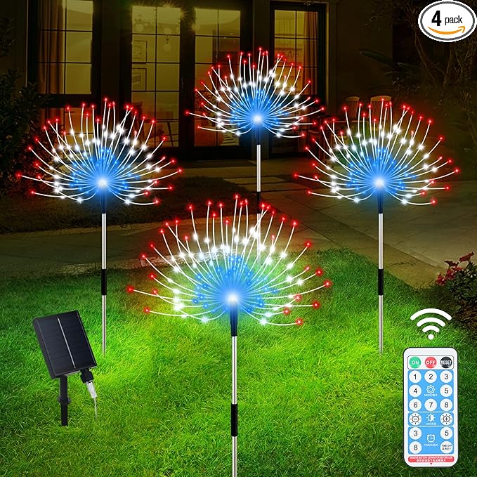 Solar Garden Lights Outdoor, 4 Pack Total 480 LED Solar Firework Lights Decorative 4th of July Decoration, Outdoor Waterproof Lights for Outside Yard Garden Pathway Decor