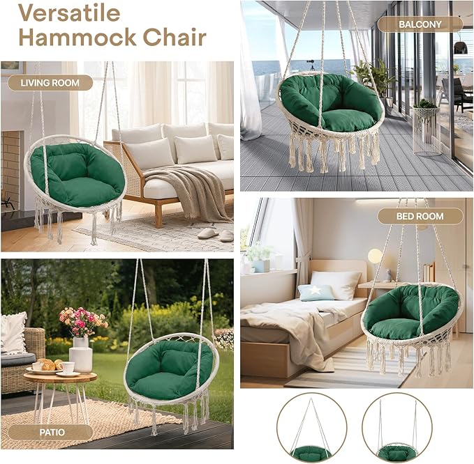 Athena Collection Hammock Chair Hanging Swing Chair with Large Thick Cushions, Outdoor Hanging Chair with Macrame Cotton Rope for Indoor, Outdoor, Bedroom, Balcony, Holds 350 Lbs, Green