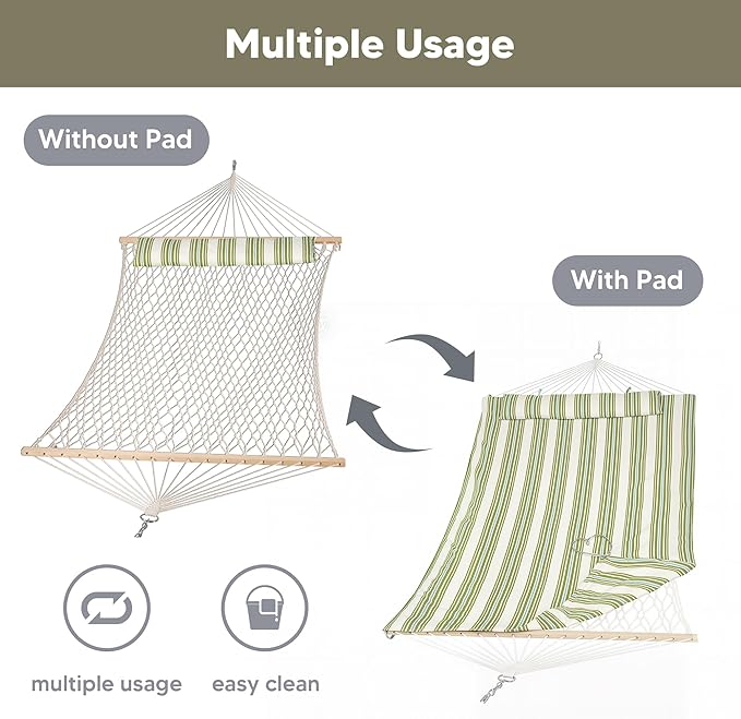 SUNCREAT Portable 2 Person Hammock with Hardwood Spreader Bar, Cotton Rope Outdoor Hammock with Polyester Pad, Green&Beige