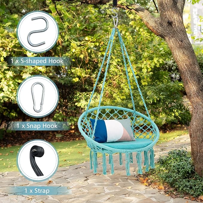 Giantex Hammock Chair Macrame Swing - Hanging with Cushion and Hardware Kit, 330 LBS Weight Capacity, Indoor for Stand, Patio, Balcony, Living Room (Turquoise) (GT10698-NPTU)