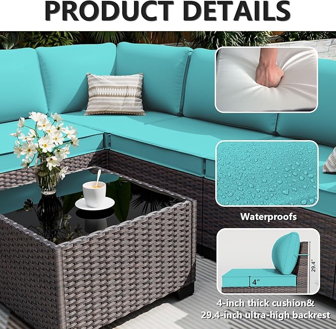 ALAULM 12 Pieces Outdoor Patio Furniture Set Sectional Sofa Sets Brown PE Rattan Patio Conversation Set w/10 Turquoise Blue Seat Cushions and 2 Coffee Tables