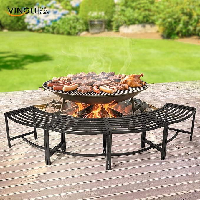 VINGLI Outdoor Metal Curved Bench, Weatherproof Fire Pit Bench Set of 4, Heavy Duty Steel Backless Benches, Metal Outside Seating for Garden, Patio, Plant Stand and Holder