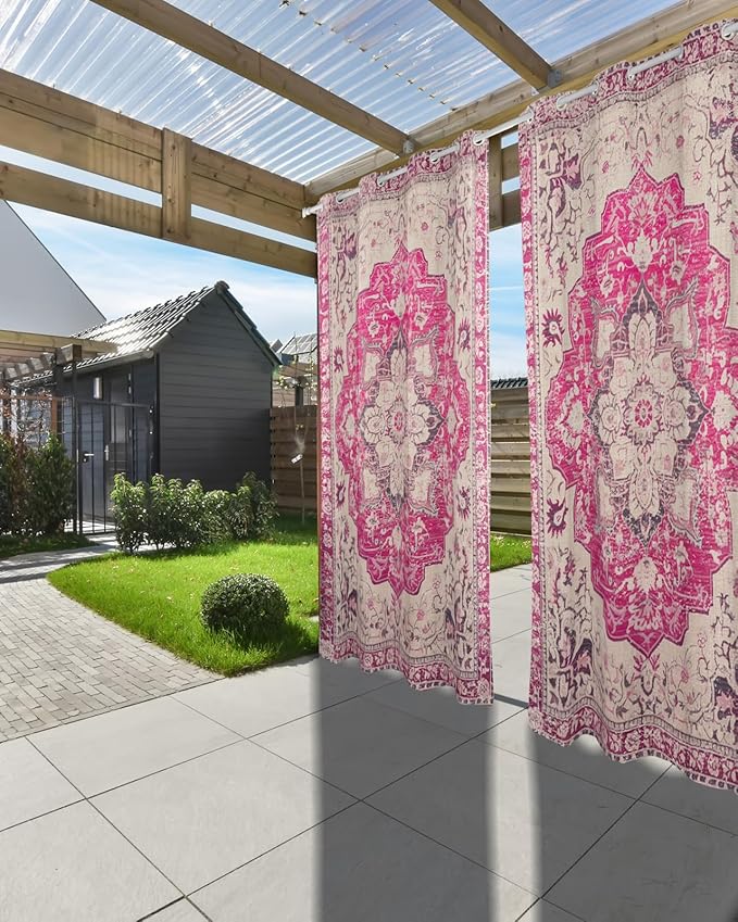 Pink Bohemian Outdoor Curtains for Patio Waterproof, Grommet Privacy Curtain Drapes Weatherproof Outside Curtains for Porch GazeboPergola Cabana 2 Panel 54x95inch Medallion Floral Geometric Printed