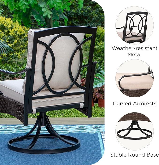 PHI VILLA Patio Swivel Chairs Set of 2, Heavy Duty Outdoor Metal Wicker Dining Chair with Padded Cushions, Large All Weather Wrought Iron Patio Chair for Deck Support 300lbs
