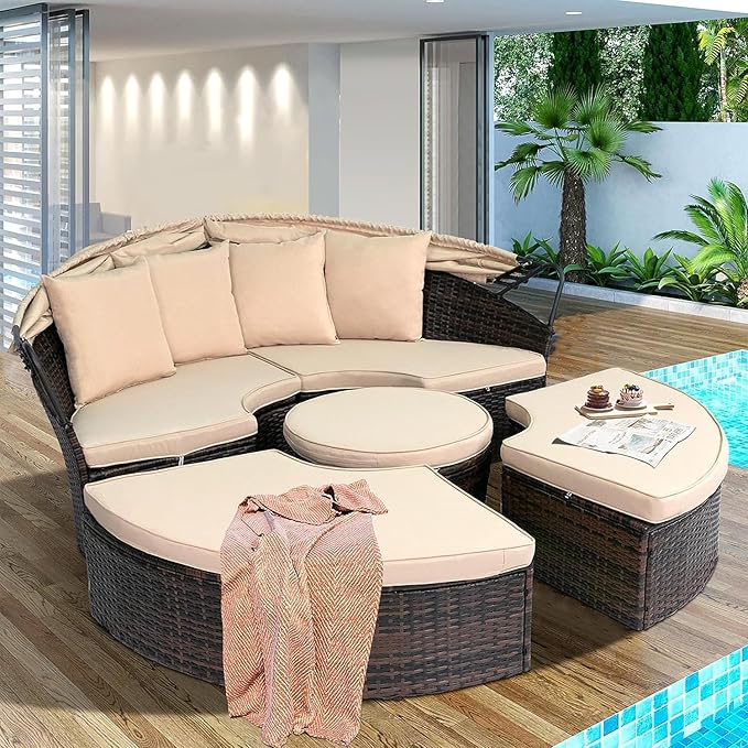 SUNCROWN Outdoor Patio Round Daybed with Retractable Canopy, Brown Wicker Furniture Sectional Couch with Washable Cushions, Backyard, Porch