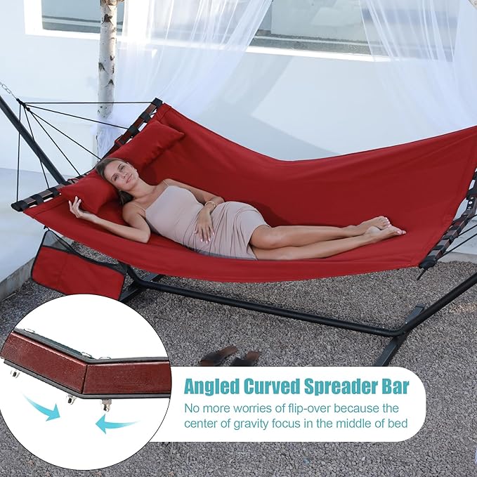 TegerDeger 12FT 2 Person Hammock Large Hammock 450LB Capacity Hardwood Spreader Bar & Nylon Rope for Outside, Patio, Garden, Backyard, Beach, Poolside - Red