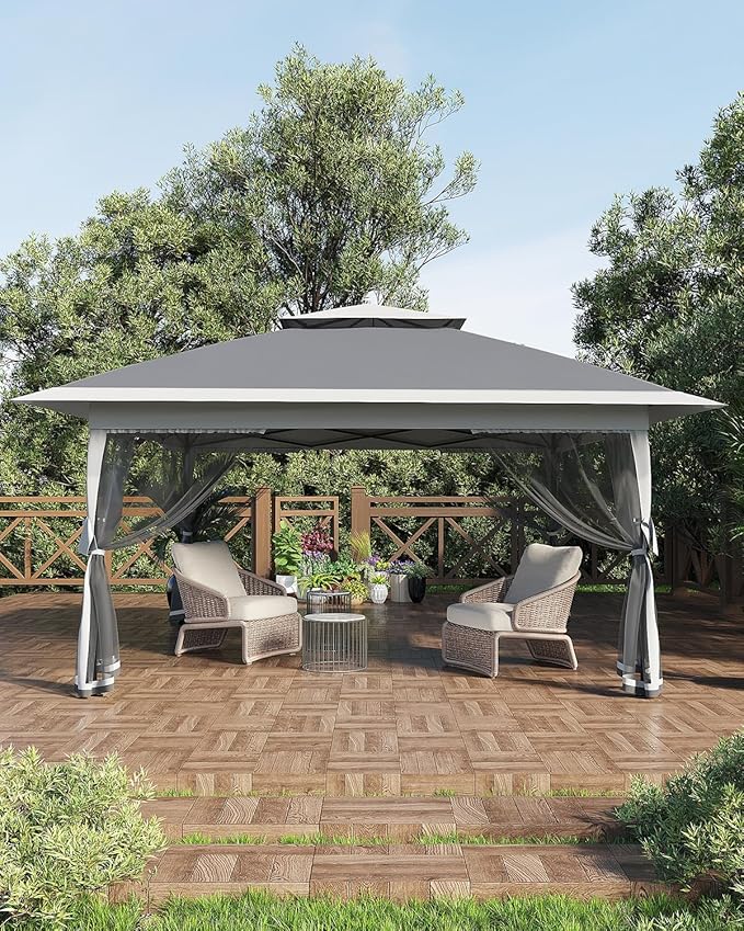 Canopy Tent 12x12 ft, Pop Up Gazebo One-Push Setup with 4 SandBags for Backyard Parties and BBQs, Mosquito Netting & Height Adjustable - Grey