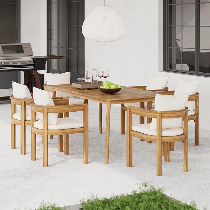 Christopher Knight Home Kclent Patio Acacia Wood Dining Set for 6 People, Outdoor Dinner Table & Chairs with Hollow Armrest, Removable Cushions, 7 Piece Patio Set for Backyard Deck, Teak+ Beige