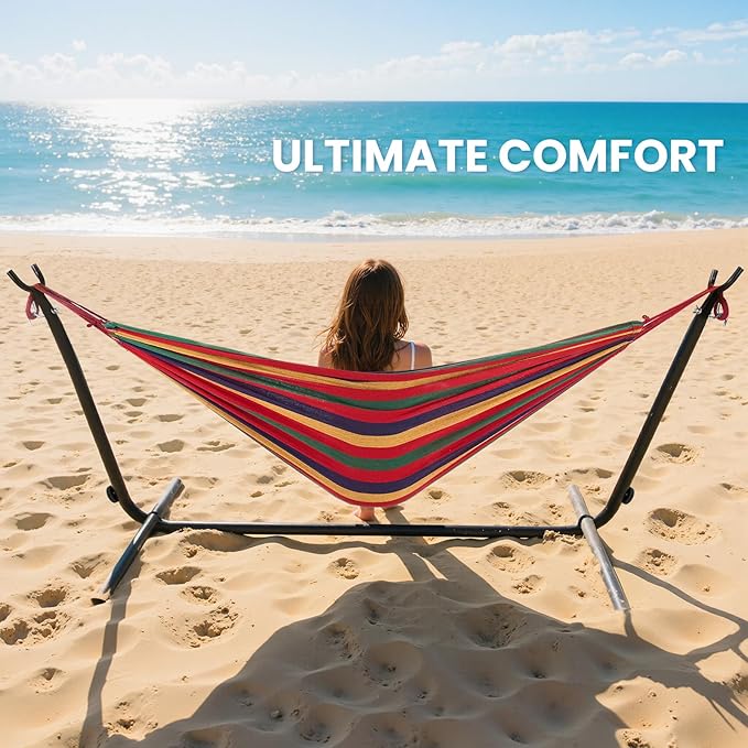 Sweetcrispy Double Hammock with Space Saving Steel Stand Heavy Duty 2 Person Standing Hammocks 450lb Capacity for Outside Garden Yard with Portable Carrying Bag, Red