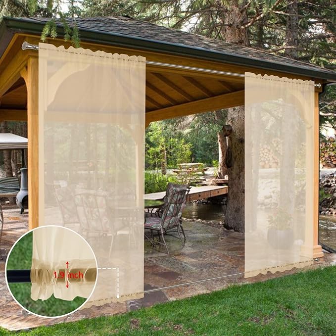 SpaceDresser Waterproof Outdoor Sheer Curtains for Patio - 4 Panels Rod Pocket Indoor Voile Sheer Curtain for Living Room,52W x 96L inch, Beige