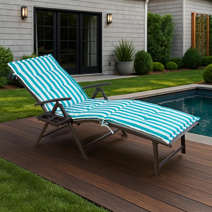 Kozyard Cozy Aluminum Reclining Lounge Chair for Beach, Yard, Pool, Deck, Patio - Outdoor Chaise Lounge with Drink Holder Weather Free Adjustable Assemble-Free Blue Strip Cushion