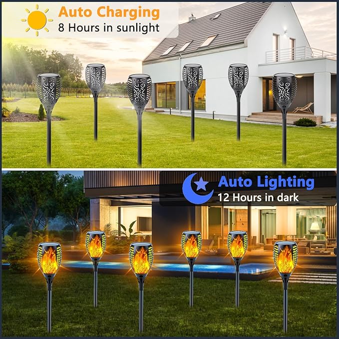 4 Pack Super Larger Size Solar Flame Torch Lights with Flickering Flame, Solar Flame Lights Outdoor Waterproof for Garden Decor, Extra Bright Tiki Torches Solar Lights Outdoor for Pathway Patio Yard