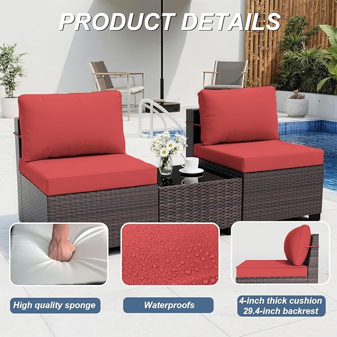 ALAULM Patio Furniture Set with Fire Pit Table 55000 BTU, Outdoor Sectional with Wide Seat and Thick Cushion, 15 Piece Wicker Rattan Conversation Set with Coffee Table for Garden, Deck, Red