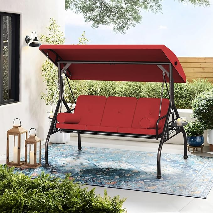 Oakcloud 3-Seat Outdoor Porch Swing,Large Converting Swing Chair with Adjustable Canopy,Patio Swing Glider with Thicken Cushions & Pillows for Poolside Balcony Backyard (Red)