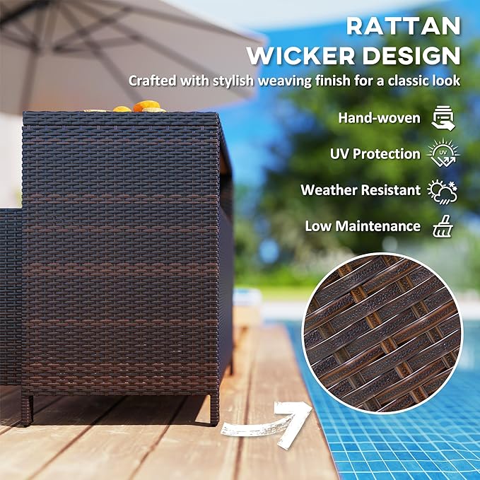 Outsunny Wicker Outdoor Storage Cabinet, Rattan Outdoor Bar Table with Acacia Wood Countertop, 2 Doors and Shelf, Buffet Cabinet Sideboard for Poolside, Garden, Patio, Backyard, Brown