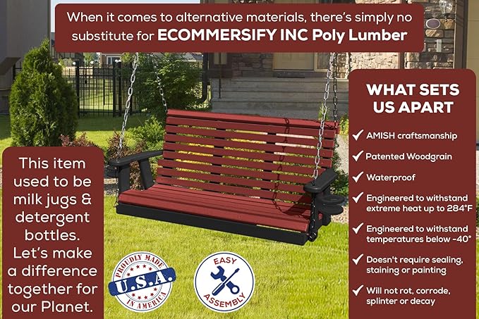 Poly Lumber Wood 4FT Porch Swing Amish Craftsmandship Made in USA HDPE with No wood fibers and 1000 lbs Limit. Stainless Steel Hardware.Signature Rollback design for Patio Outdoor Backyard Garden Park