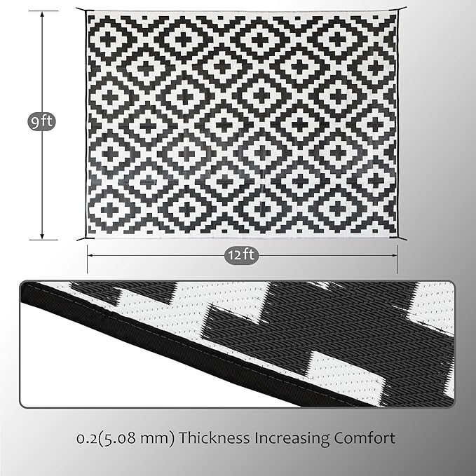 SAND MINE Waterproof Outdoor Rug 9x12 ft, Plastic Reversible Rug, Modern Area Rug, Large Floor Mat for Outdoors, RV, Patio, Backyard, Deck, Picnic, Beach, Camping (9' x 12', Black & White Lattice)