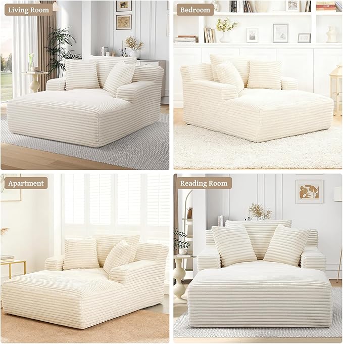 66" Chaise Lounge Chair Indoor, Oversized Boneless Couch Comfy Upholstered Sleeper Sofa Bed with 3 Pillows, Corduroy Cloud Reading Chair for Living Room No Assembly Required, White