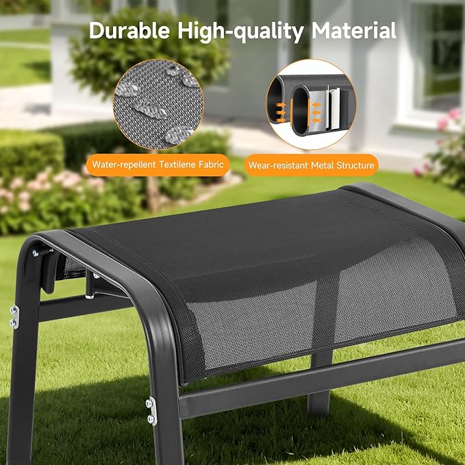 ONBRILL Outdoor Ottoman Foot Rest Set of 2, Textilene Fabric Outdoor Footstool with Tight Surface and Stable Metal Frame, Wide Use Outdoor Ottomans for Patio, Balcony, Poolside and Indoors, Black