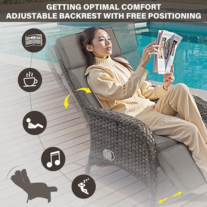 Belord Versatile Outdoor Recliner Chair Set of 3 - Reclining Patio Chair with Adjustable Backrest and Footrest, All-Weather Wicker Chaise Lounge Chair Outdoor with Side Table for Pool Deck