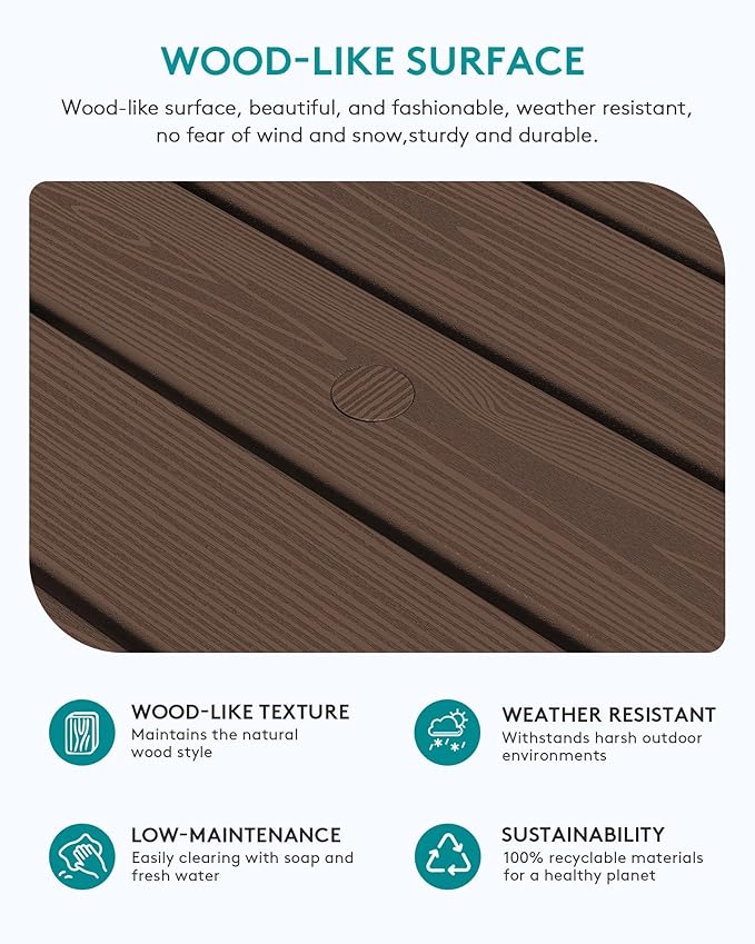 SERWALL Outdoor Coffee Table with 1.69" Umbrella Hole, HDPE Patio Coffee Table for Outside, Rectangle, Coffee