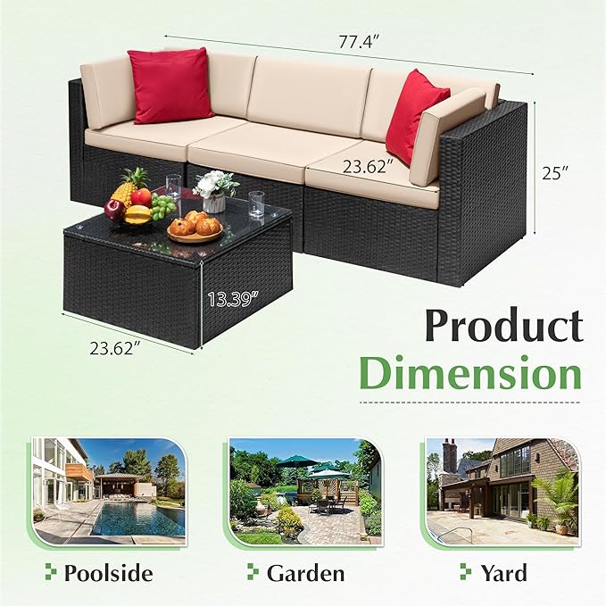 Devoko 4 Pieces Patio Furniture Sets All-Weather Outdoor Sectional Sofa Manual Weaving Wicker Rattan Patio Conversation Set with Cushion and Glass Table (Beige)