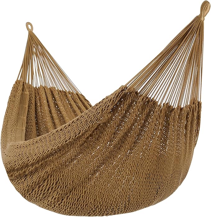 Lazy Daze Hammocks Handwoven Mayan Hammock, 10.5 FT Soft Rope Double Hammocks, Portable Outdoor Hammock with Carry Bag, 2 Straps & Carabiners for Patio Outside, 550 lbs Weight Capacity, Tan
