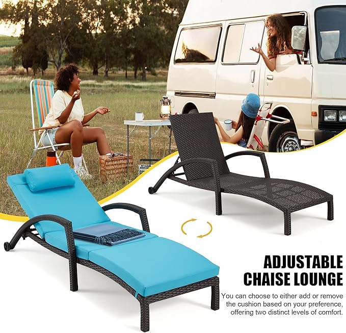 HOMREST Chaise Lounge Chairs Set of 4, PE Rattan Wicker Lounge Chair with Arm and Wheels for Poolside,Blue