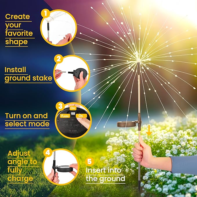 GIGALUMI Garden Decor Outdoor Lights 120LED 4Pack, Solar Garden Lights for Christmas Outside Fairy Firework Decorative,Solar Powered for Yard Pathway Flowerbed Planter Balcony Patio Decor (Warm White