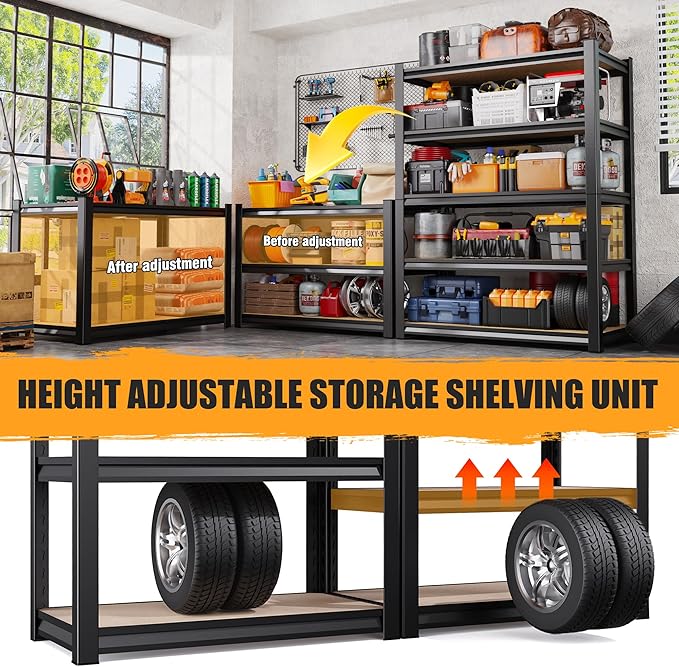 Set of 2 Garage Shelving Heavy Duty Storage Shelves, Metal Adjustable Shelving Unit, Utility Garage Organizer Shelf for Basement, Pantry, Kitchen, Warehouse, 17.7" Dx45.6 Wx71.2 H, Black