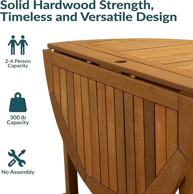 Sunnydaze Malaysian Hardwood Folding Gateleg Patio Dining Table with Teak Oil Finish - 4-Person Space-Saving Round Outdoor Table - 47.25” D x 29" H