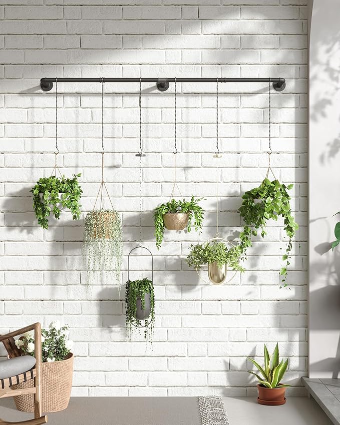 Plant Haning Rod, Hanging Planters for Indoor Plants with 6 Chains, Wall Plant Hanging Bar for Window Celling, 65.7 Inch, Metal Black, Pots Not Included