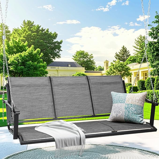 Textilene 3 Seat Hanging Swing, 5.2FT Patio Bench Swing, 660lbs Heavy Duty Outdoor Porch Swing with Hanging Chains for Courtyard, Garden, Tree, Yard