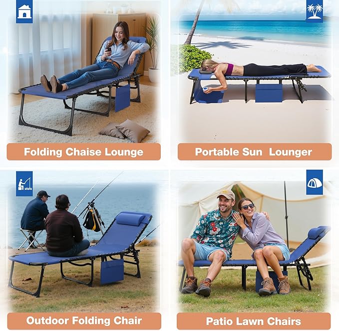 Devoko Beach Lounge Chair, Outdoor Sun Tanning Chair with Face Hole, Heavy Duty Folding Portable Lay Chaise Lounge Chairs for Outside Beach Pool Camping Patio, Blue